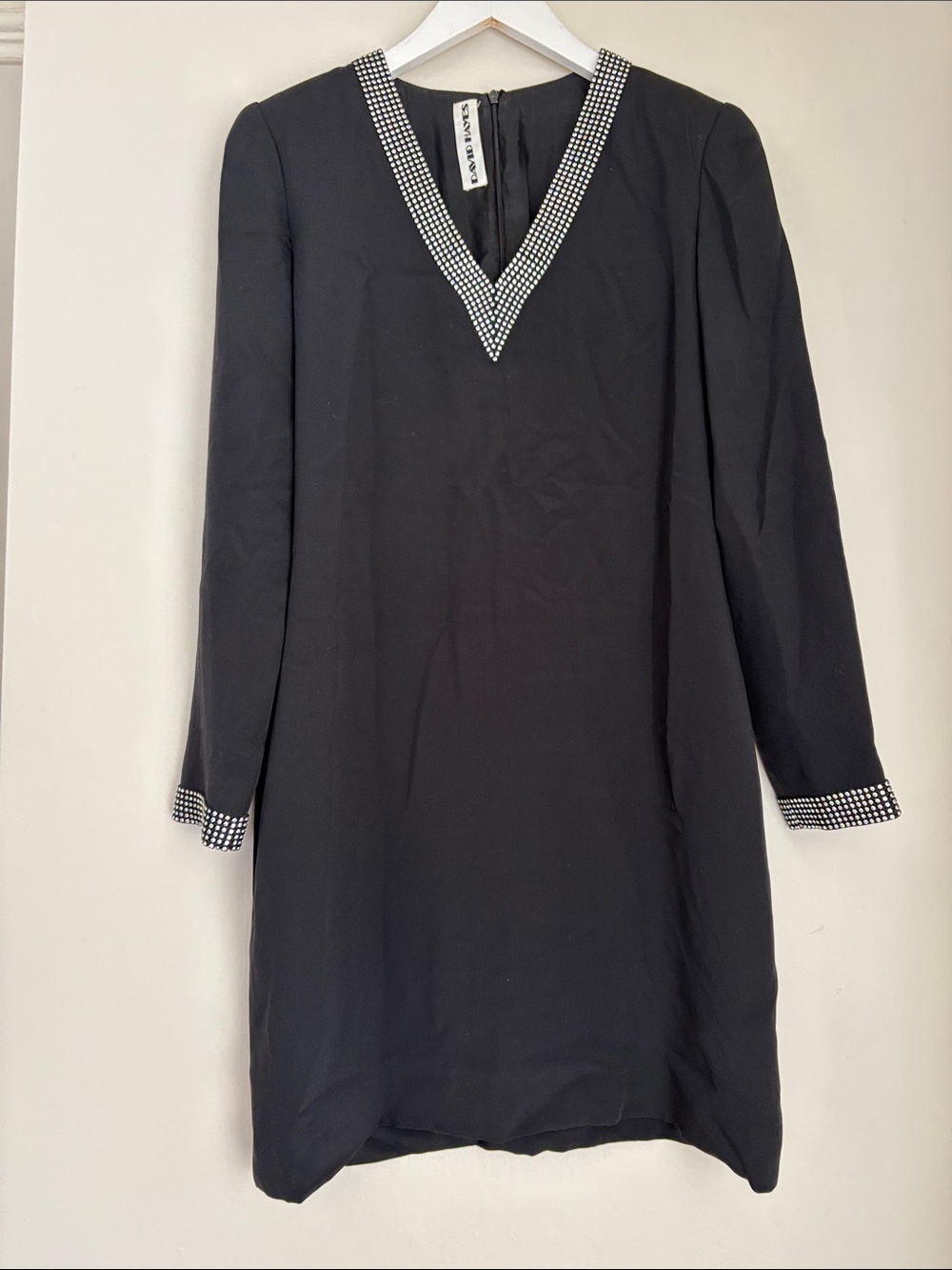 David Hayes Silk Black Long-Sleeve V-Neck Dress with Rhinestone Trim